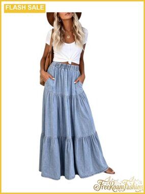 Women's Tiered Flowy Maxi Skirt Lyocell High Waist A-Line Pockets